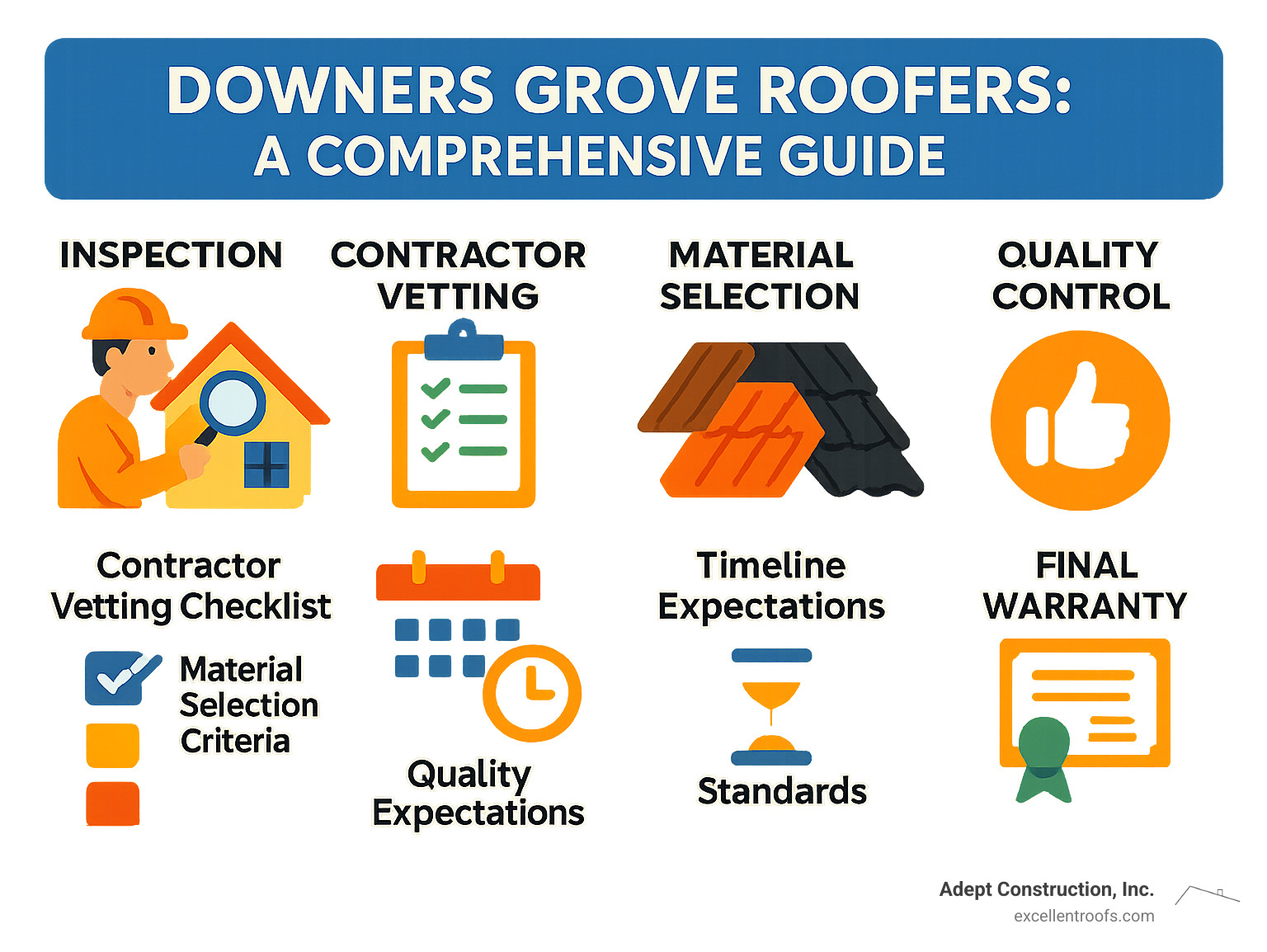 Comprehensive guide showing the complete roofing process from initial inspection through final warranty, including contractor vetting checklist, material selection criteria, project timeline expectations, and quality control standards for Downers Grove homeowners - downers grove roofers infographic 