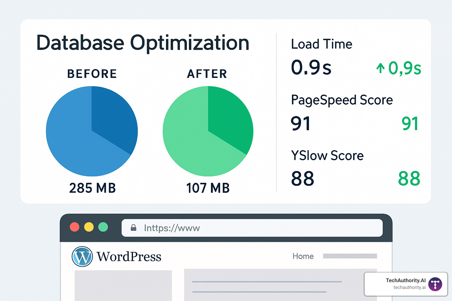 Optimized WordPress database showing reduced size and improved performance metrics - Clean up WordPress revisions