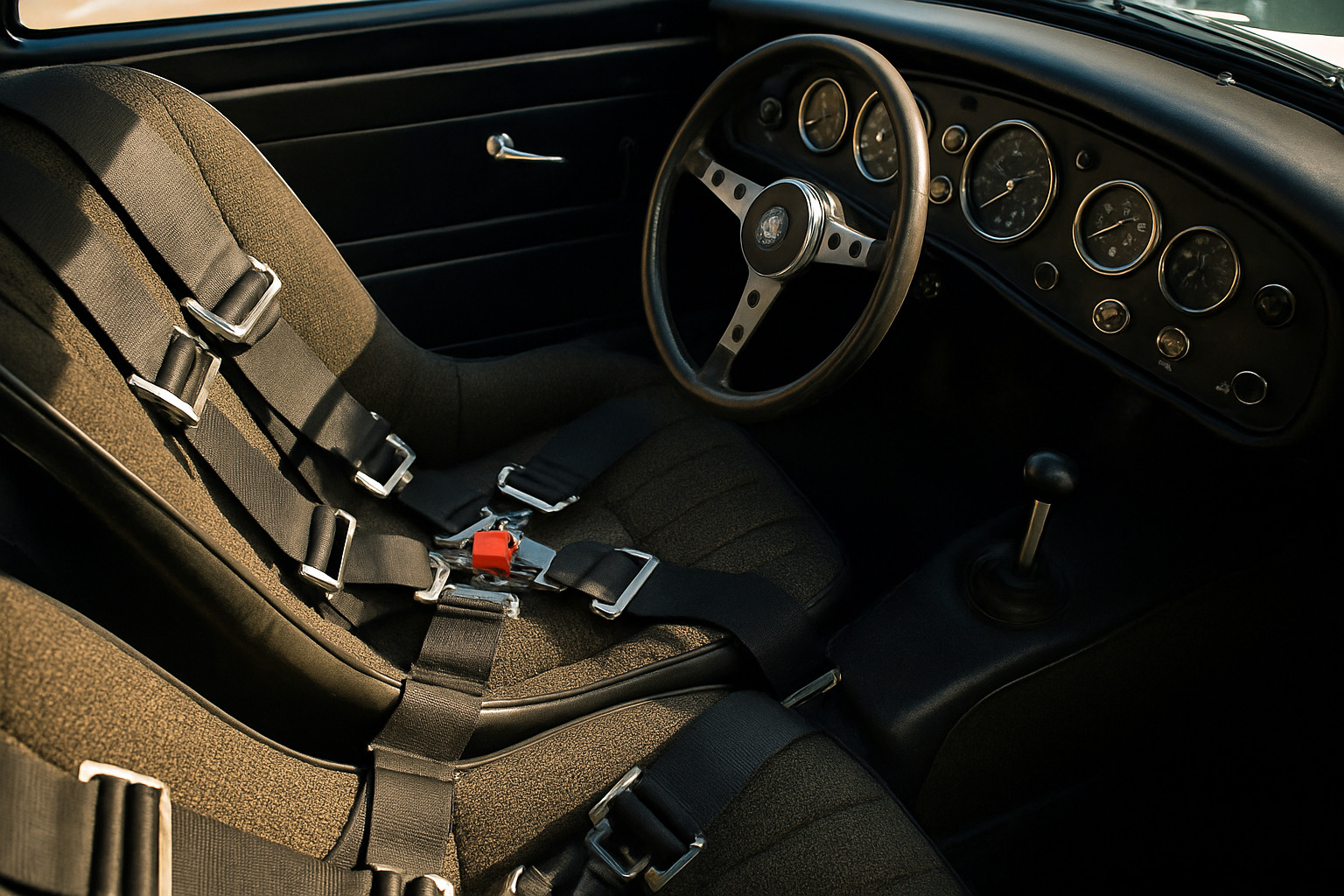 modern belts in classic cockpit - vintage race car restoration
