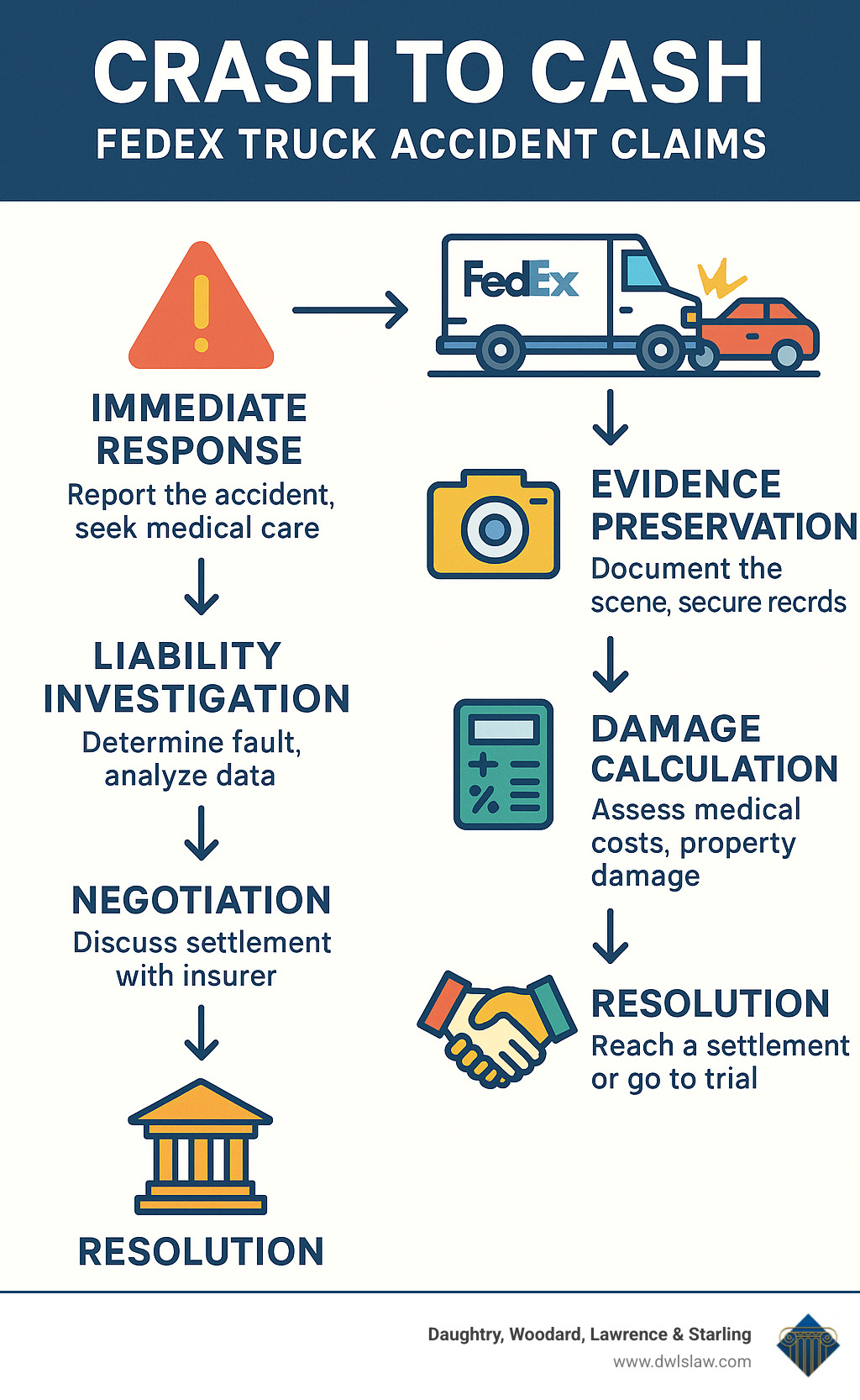 Comprehensive infographic showing the complete "Crash to Cash" process for FedEx truck accident claims, including immediate response steps, evidence preservation, liability investigation, damage calculation, negotiation phases, and final resolution through settlement or trial - fedex truck accident lawyer infographic