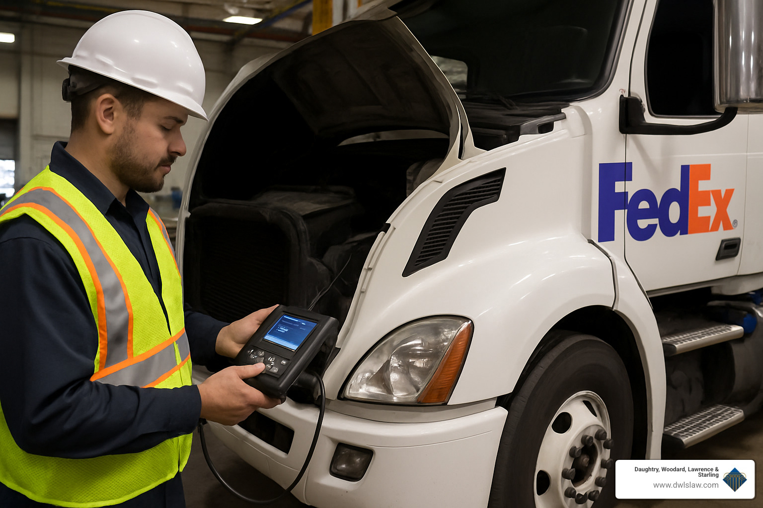 Electronic data recorder download process showing technician connecting diagnostic equipment to truck's computer system - fedex truck accident lawyer