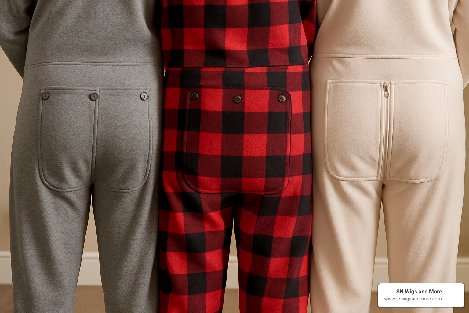 Close-up view of different flap closure mechanisms on adult onesies - adult onesie with flap