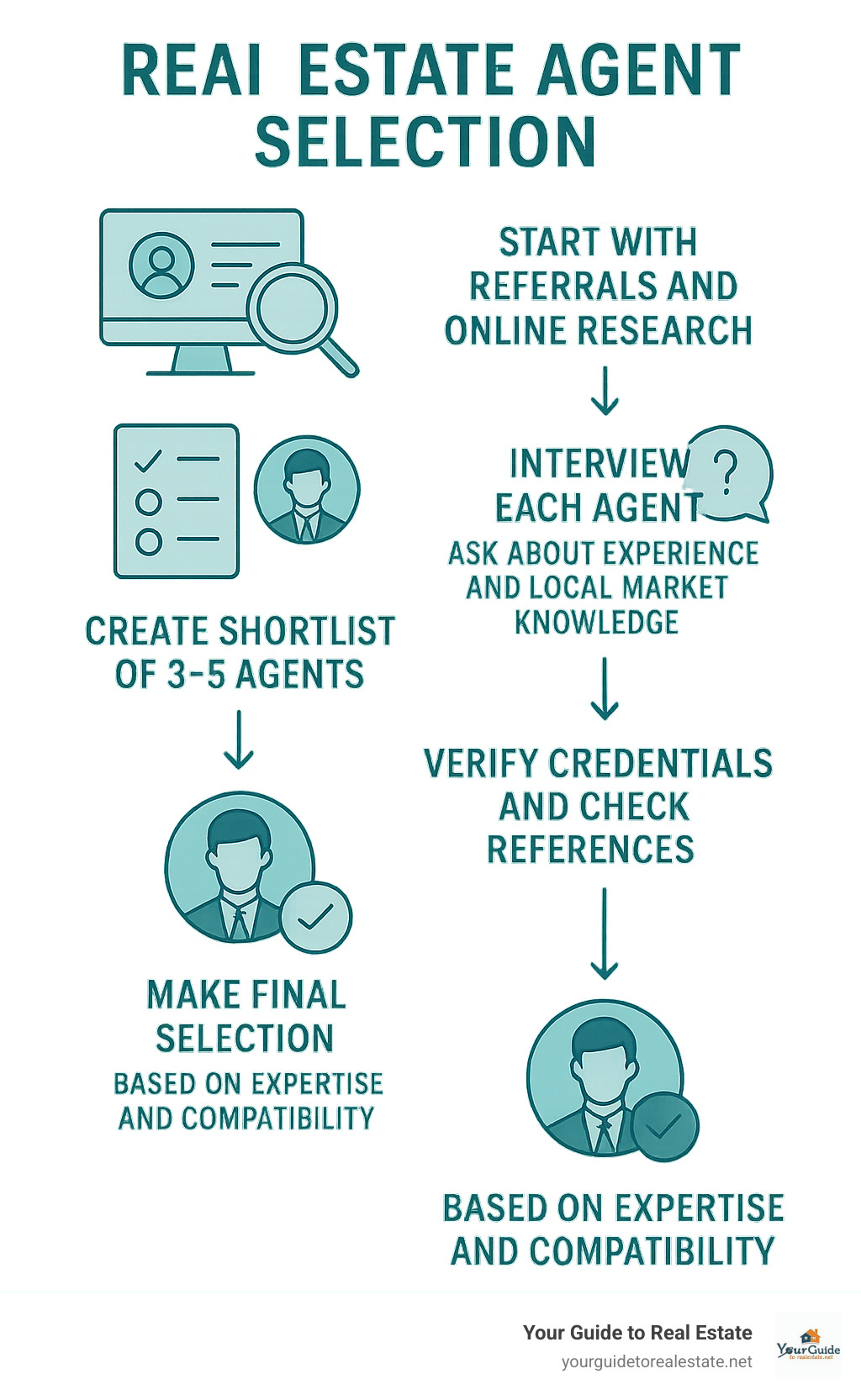Infographic showing the real estate agent selection process: Start with referrals and online research, create shortlist of 3-5 agents, interview each agent with prepared questions about experience and local market knowledge, verify credentials and check references, compare data including days on market and list-to-sale ratios, make final selection based on expertise and compatibility - real estate agent selection infographic 