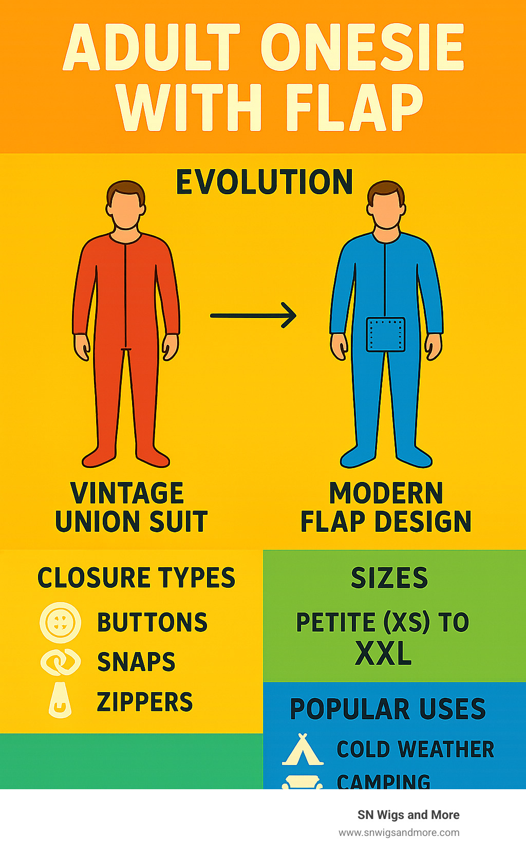 Infographic showing the evolution of adult onesies from vintage union suits to modern flap designs, including key features like closure types, sizing ranges, and popular use cases - adult onesie with flap infographic 