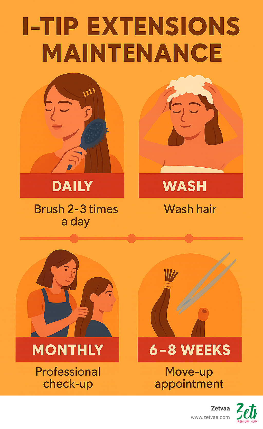 Detailed infographic showing I-tip extension maintenance schedule with daily brushing routine, weekly washing steps, monthly professional check-ups, and 6-8 week move-up appointments with visual timeline - itip extensions maintenance infographic 