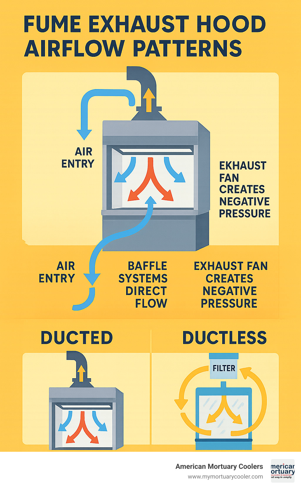 Detailed infographic showing fume exhaust hood airflow patterns, including air entry through sash opening, baffle systems directing flow, exhaust fan creating negative pressure, and comparison of ducted versus ductless filtration paths - fume exhaust hood infographic 