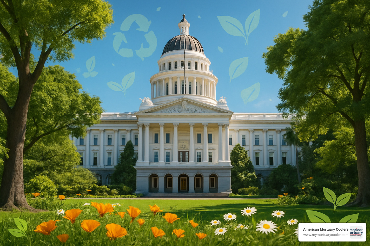 California State Capitol building with environmental imagery - body composting california