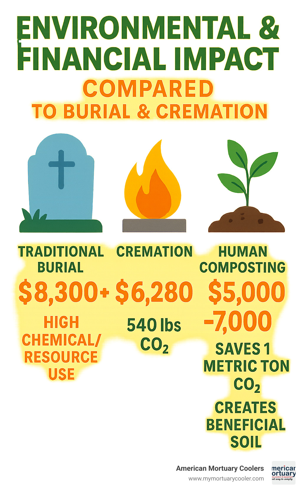 Infographic comparing environmental and financial impacts: Traditional burial ($8,300+, high chemical/resource use), Cremation ($6,280, 540 lbs CO2), Human composting ($5,000-7,000, saves 1 metric ton CO2, creates beneficial soil) - body composting california infographic 