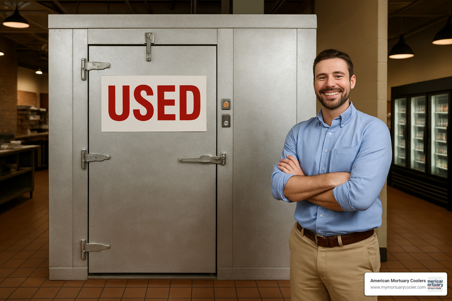 satisfied business owner standing next to newly installed used walk-in cooler - used walk in cooler