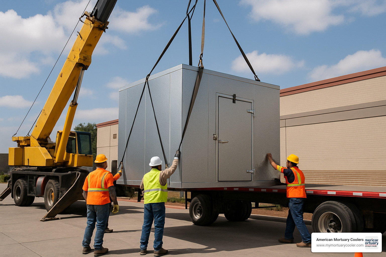 crane lifting walk-in cooler onto truck - used walk in cooler