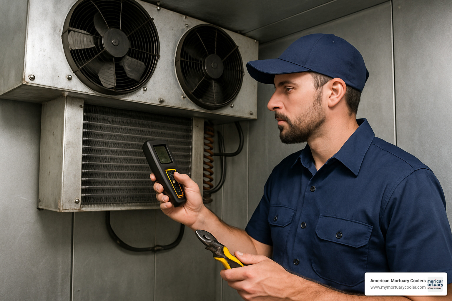 technician inspecting walk-in cooler evaporator coils - used walk in cooler