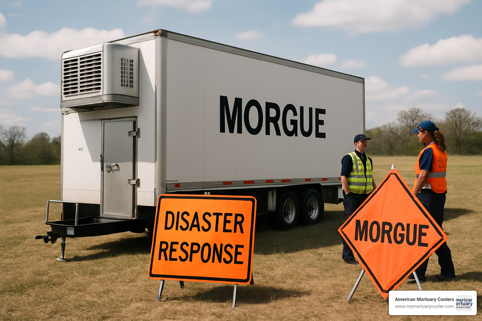 mobile trailer morgue unit deployed in field setting showing disaster response capabilities - funeral home cooler rental