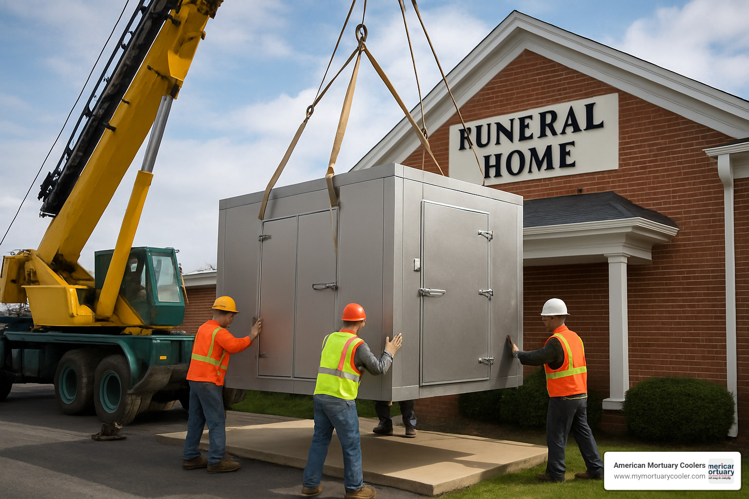 crane setting modular mortuary cooler unit showing professional installation process - funeral home cooler rental