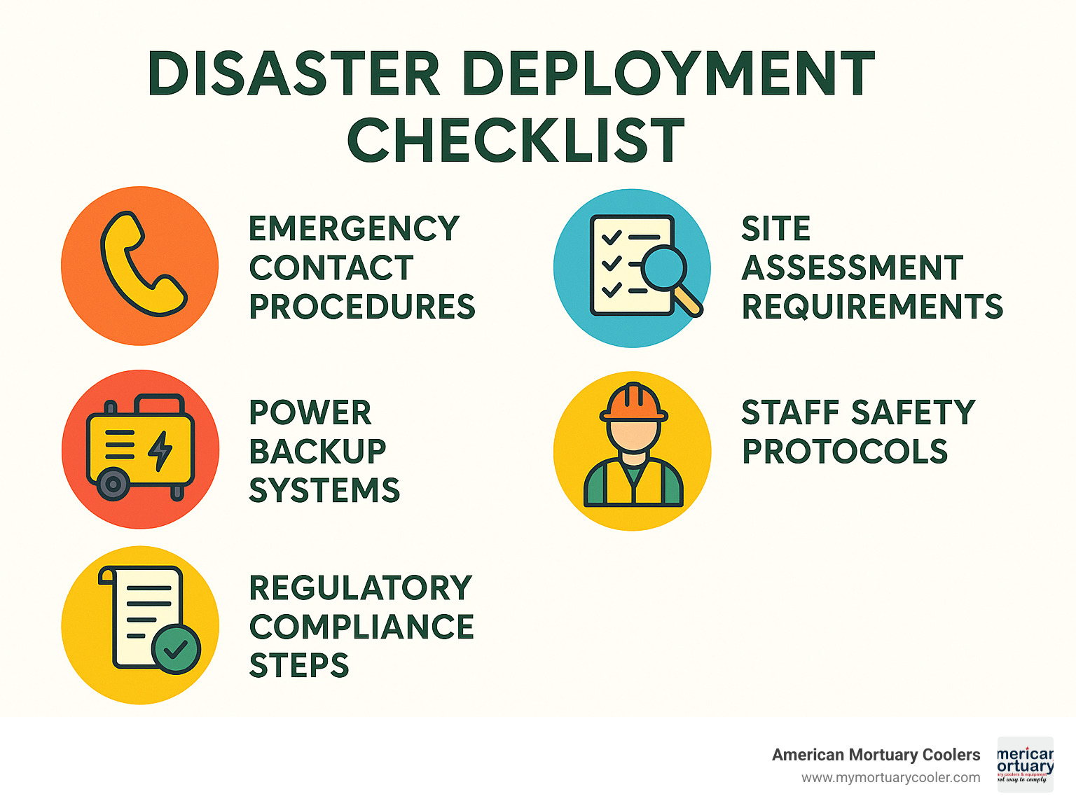 Infographic showing disaster deployment checklist including emergency contact procedures, site assessment requirements, power backup systems, staff safety protocols, and regulatory compliance steps - funeral home cooler rental infographic 