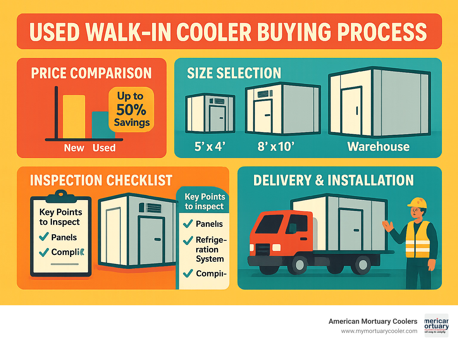 Comprehensive infographic showing the used walk-in cooler buying process from inspection checklist through delivery and installation, including price comparison charts between new vs used units, size selection guide, and key inspection points for panels, refrigeration systems, and compliance standards - used walk in cooler infographic 