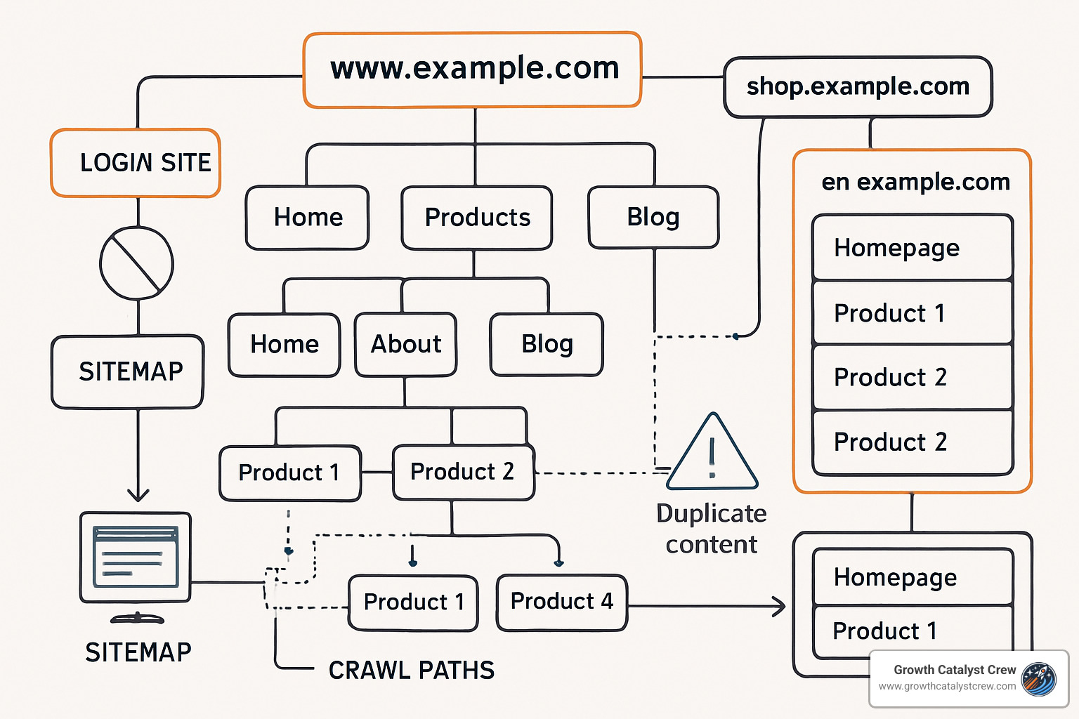 Complex site architecture diagram showing enterprise-level technical SEO challenges - corporate seo experts
