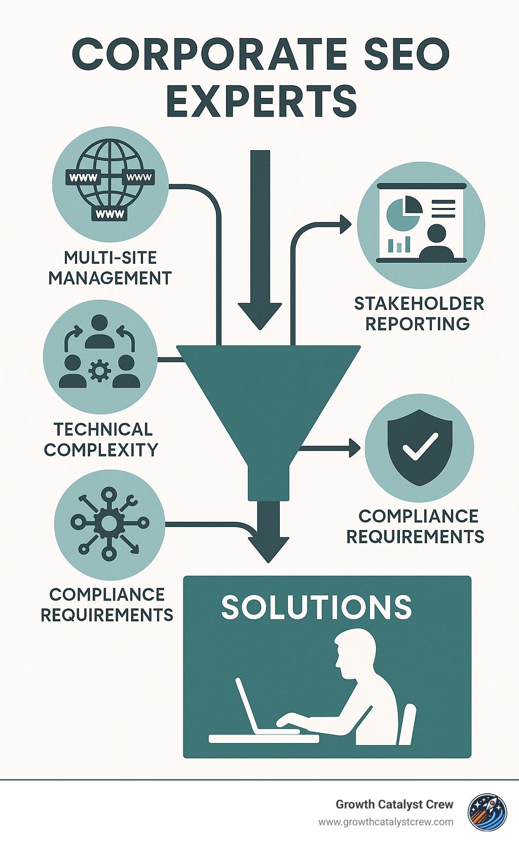 Detailed infographic showing the corporate SEO ecosystem with enterprise-level challenges including multi-site management, cross-departmental coordination, technical complexity, compliance requirements, and stakeholder reporting flowing into corporate SEO expert solutions - corporate seo experts infographic