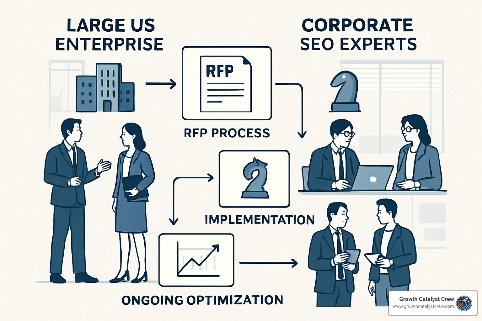 Workflow diagram showing the partnership process between enterprises and corporate SEO experts - corporate seo experts