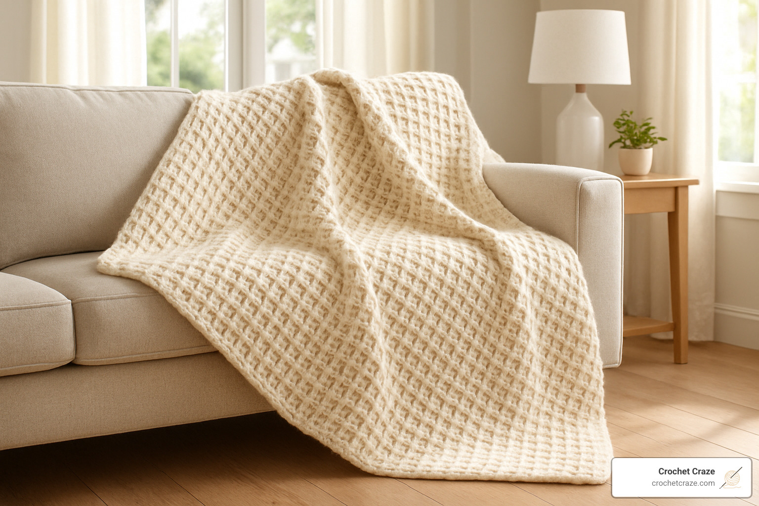 Cozy waffle stitch blanket showing the distinctive textured pattern in soft cream yarn - Crochet stitch tutorials