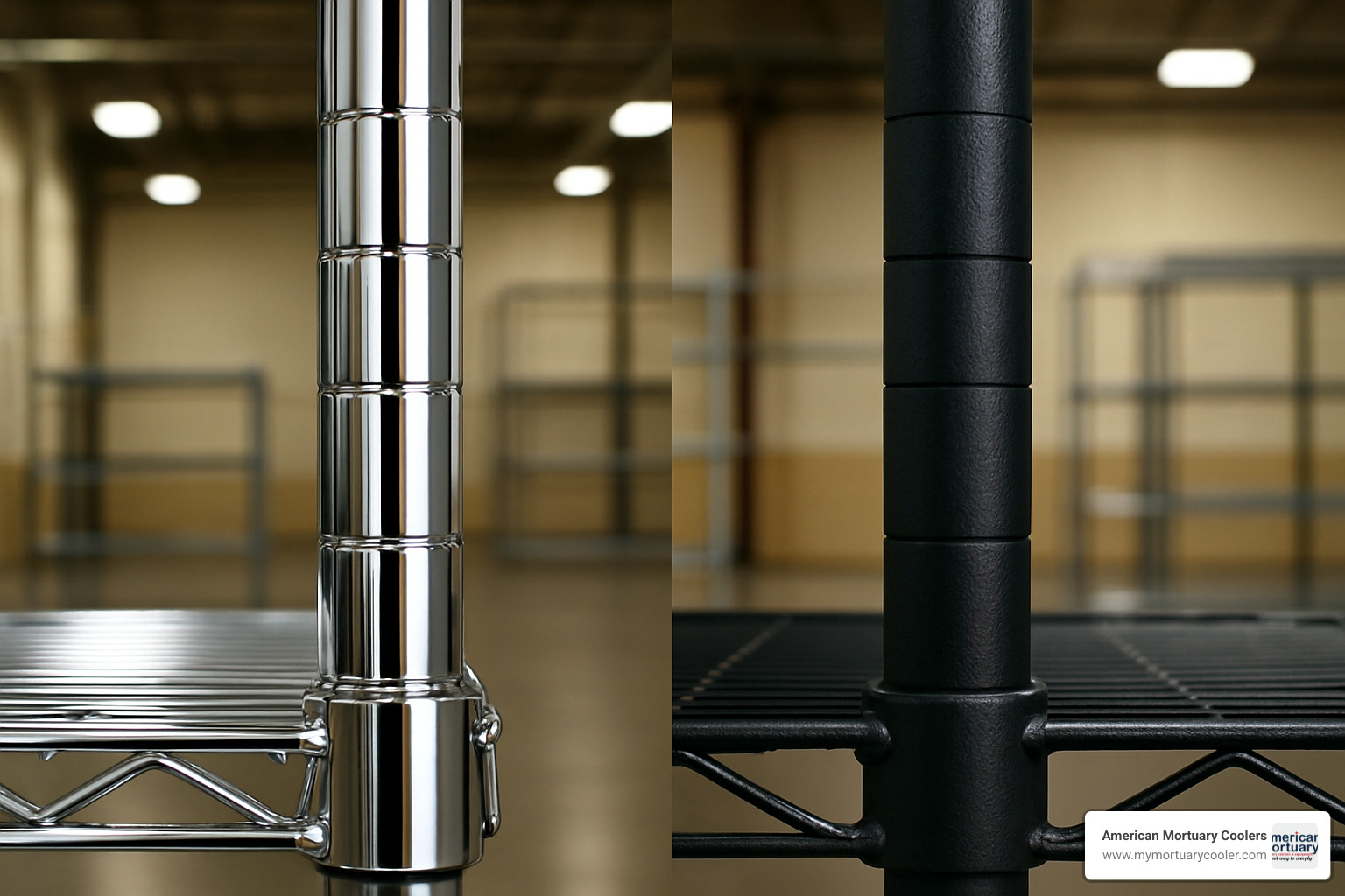 Comparison image showing chrome-plated shelf poles with bright reflective finish next to black epoxy-coated poles with matte texture - shelf pole