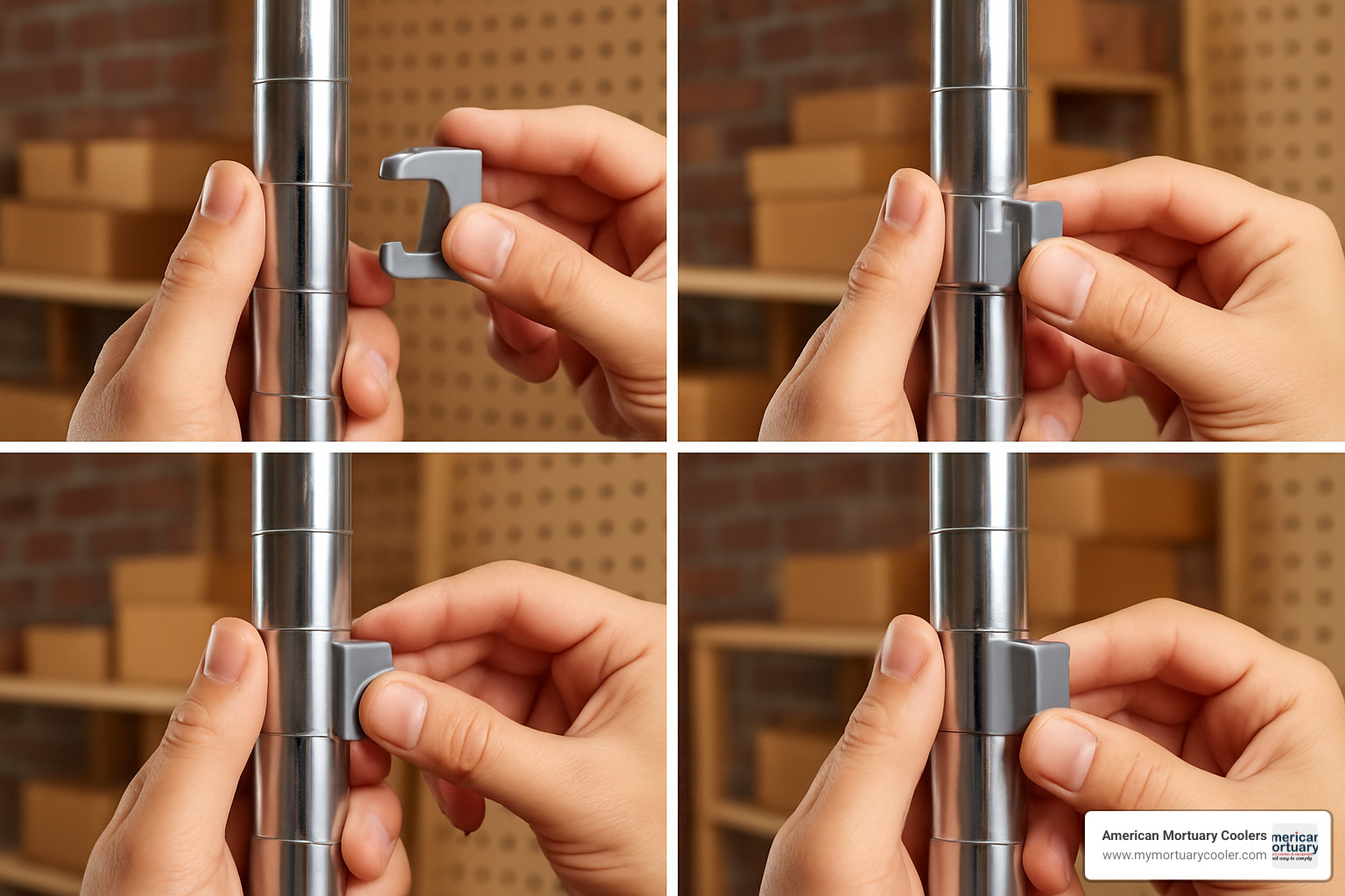 Step-by-step image showing hands installing a plastic clip onto a notched shelf pole, with the clip sliding into the groove and securing around the pole - shelf pole