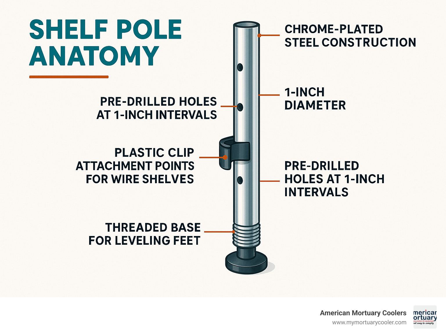 Infographic showing shelf pole anatomy with labeled components: chrome-plated steel construction, 1-inch diameter measurement, pre-drilled holes at 1-inch intervals, threaded base for leveling feet, and plastic clip attachment points for wire shelves - shelf pole infographic 