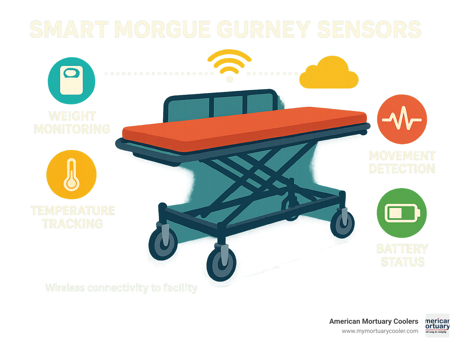 Infographic showing smart morgue gurney sensors including weight monitoring, temperature tracking, movement detection, and battery status indicators with wireless connectivity to facility management systems - morgue gurney infographic 