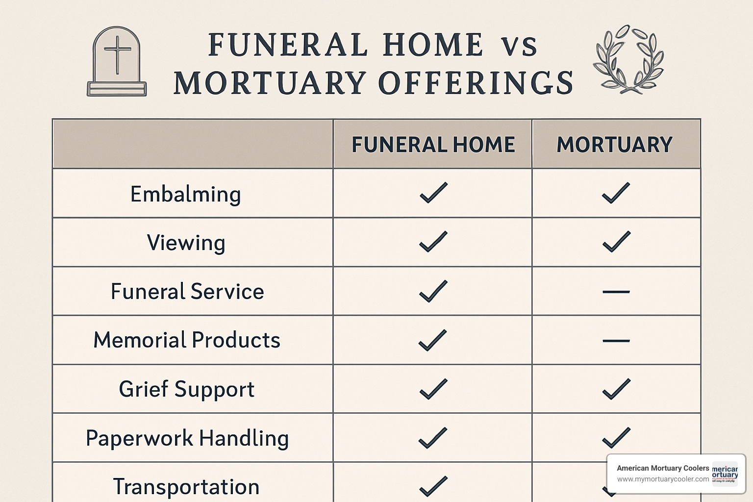 comparison table showing funeral home vs mortuary service offerings - funeral home vs mortuary