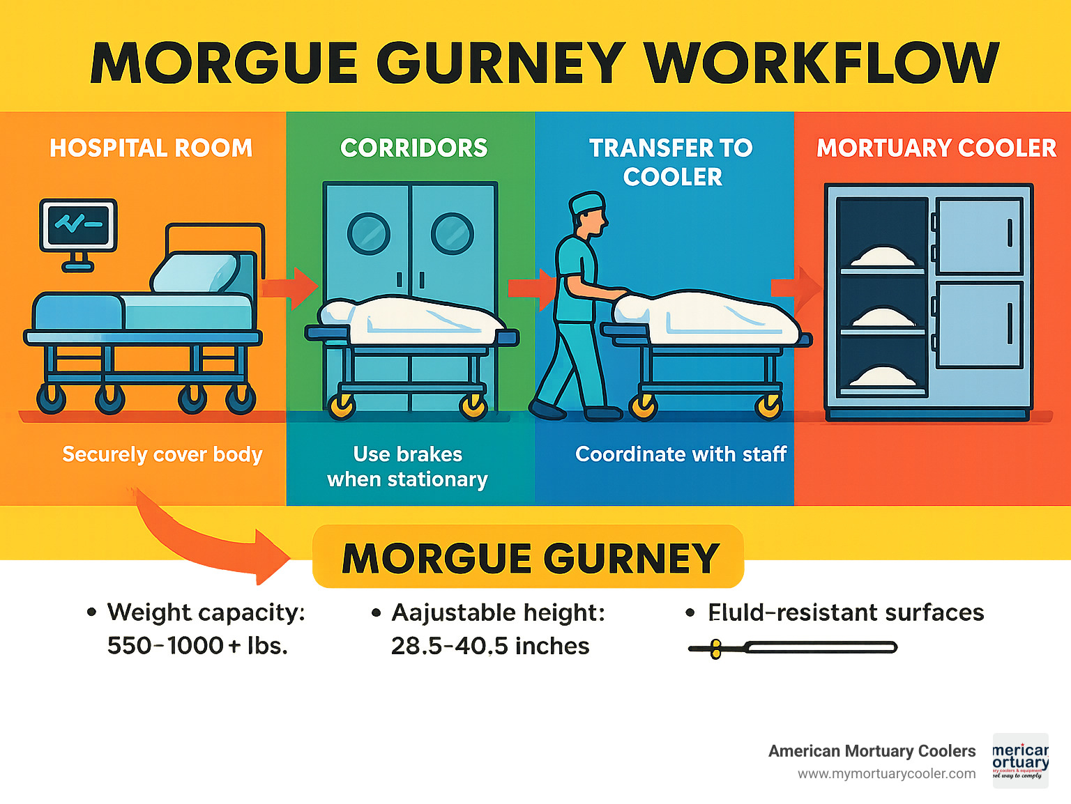 Infographic showing morgue gurney workflow from hospital room through corridors to mortuary cooler, highlighting key transfer points, safety protocols, and equipment specifications for each stage of body transport - morgue gurney infographic 