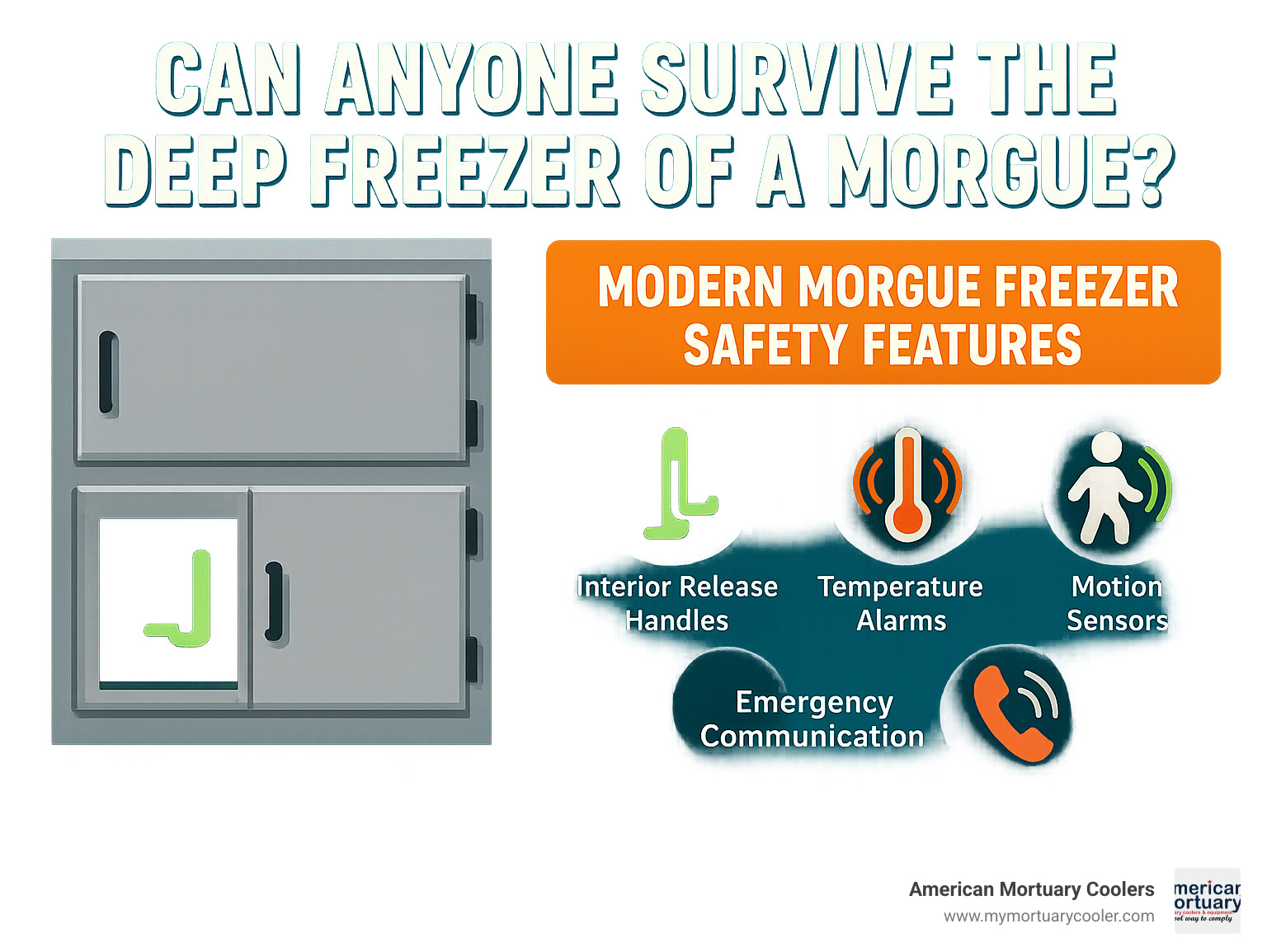 infographic showing modern morgue freezer safety features including interior release handles, temperature alarms, motion sensors, and emergency communication systems - can anyone survive the deep freezer of a morge infographic 