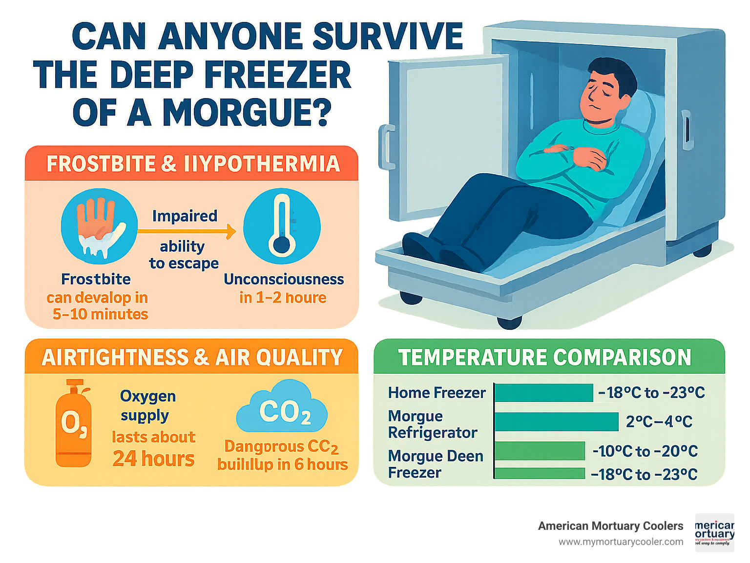 infographic summarizing key survival facts and safety features of modern morgue equipment - can anyone survive the deep freezer of a morge infographic 
