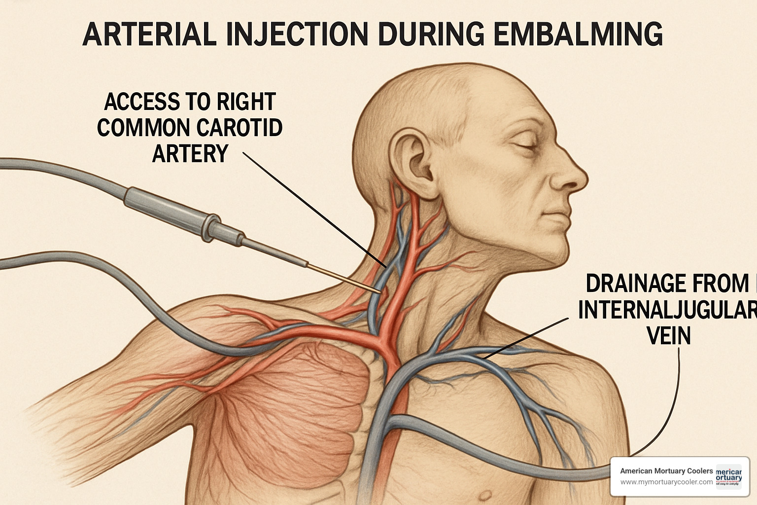 arterial injection diagram showing carotid artery access and jugular drainage - embalming of body