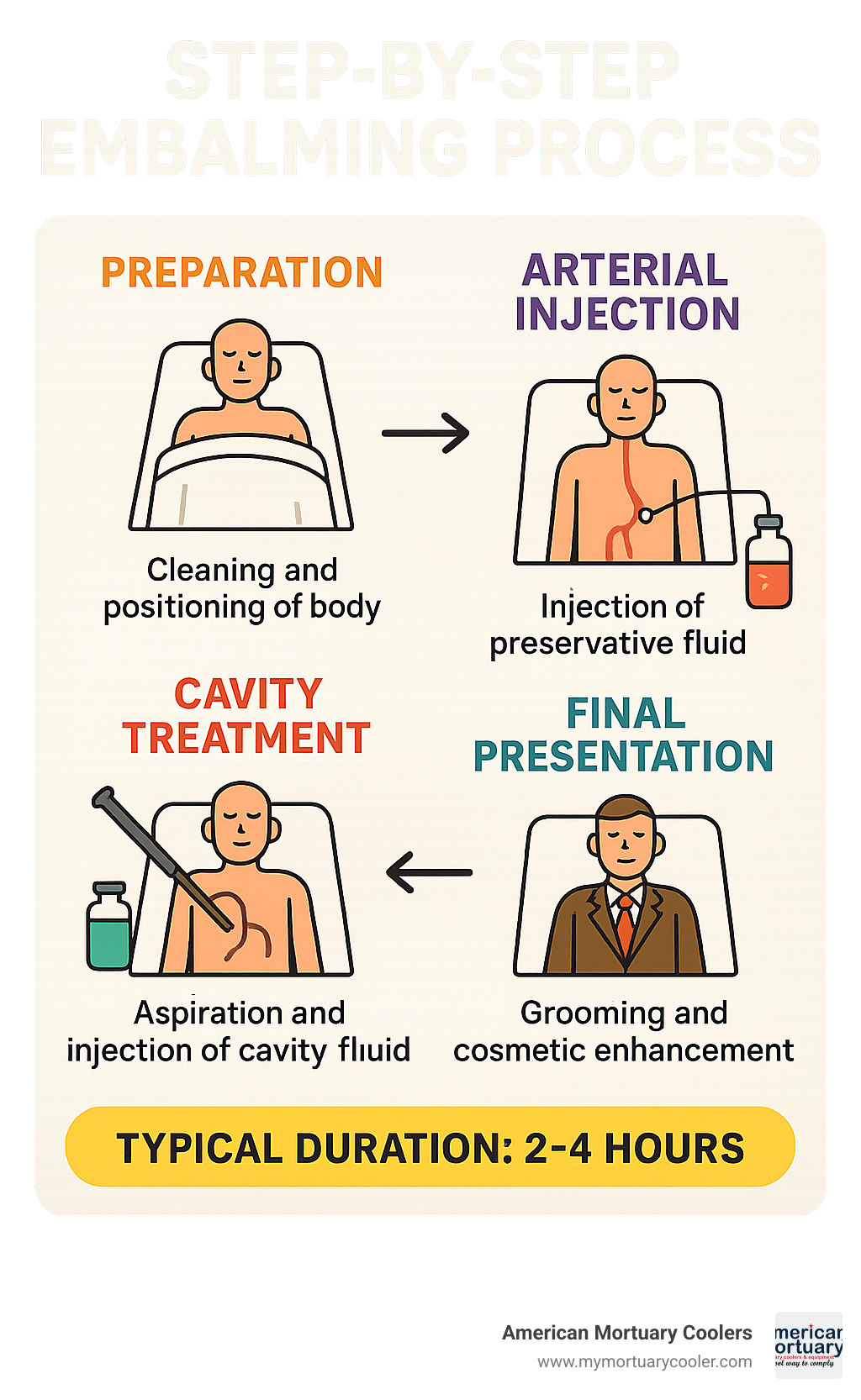 Step-by-step embalming process timeline showing preparation, arterial injection, cavity treatment, and final presentation phases with typical duration of 2-4 hours total - embalming of body infographic 