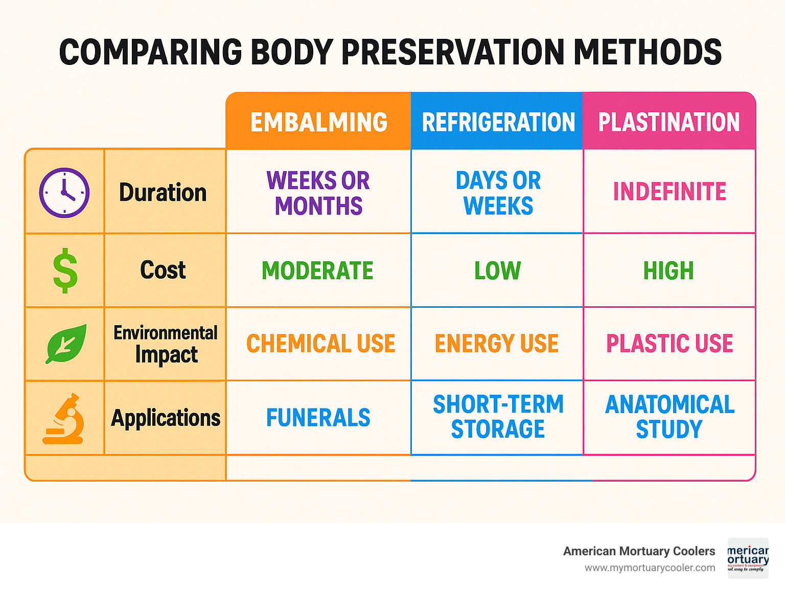 Comparison table showing embalming vs refrigeration vs plastination methods including duration, cost, environmental impact, and applications - embalming of body infographic 