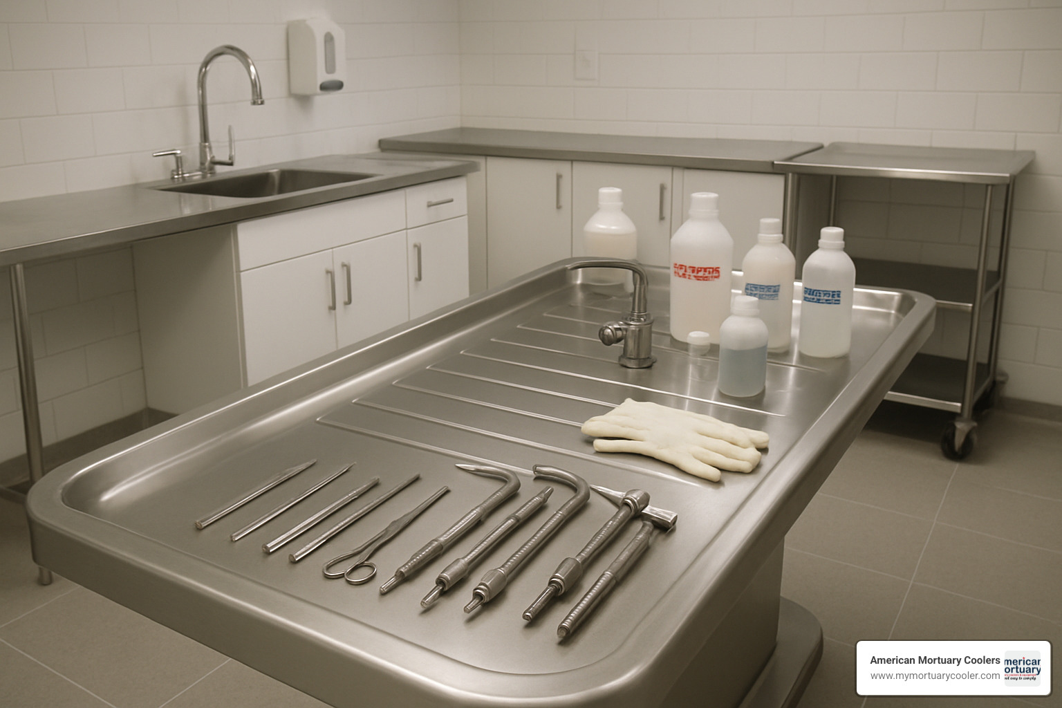 embalming table setup with equipment - embalming of body