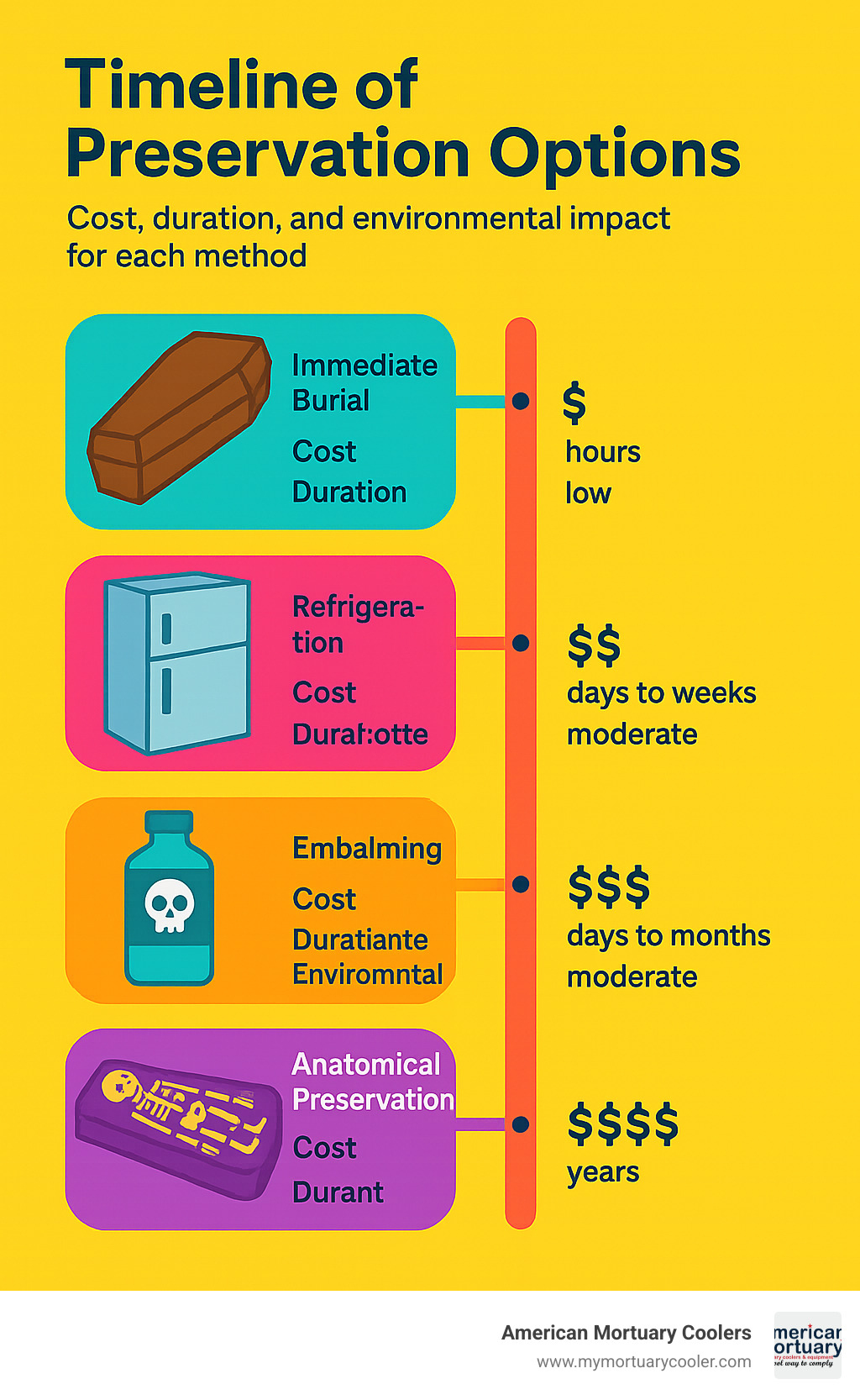 Timeline showing preservation options from immediate burial through long-term anatomical preservation, including costs, duration, and environmental impact for each method - embalming of body infographic 