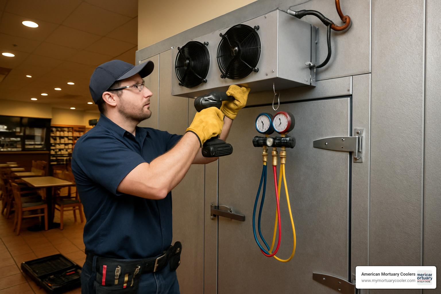 technician installing walk-in cooler unit - walk in fridge price