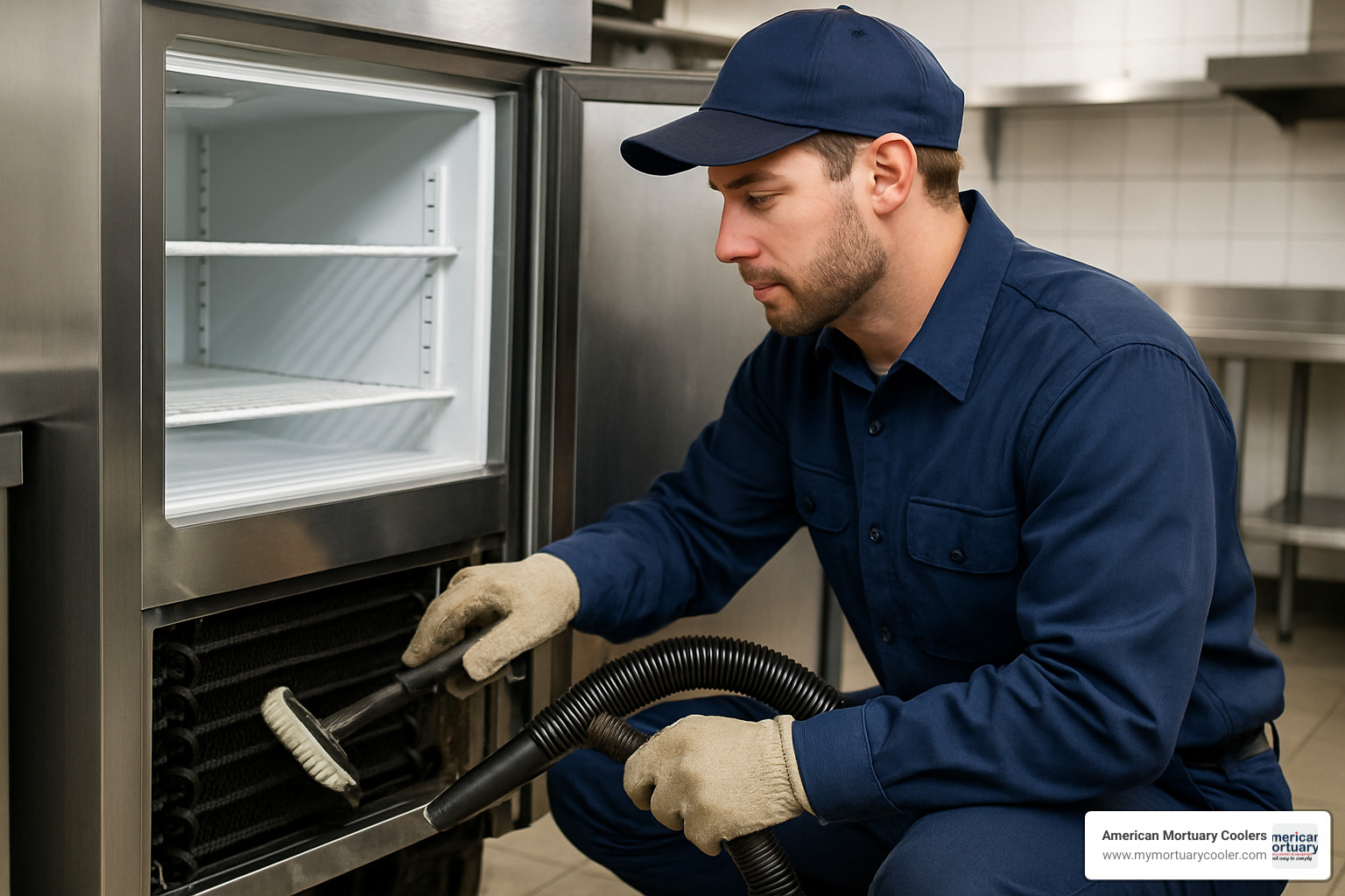technician cleaning condenser coils on commercial freezer - commercial freezer refrigerator