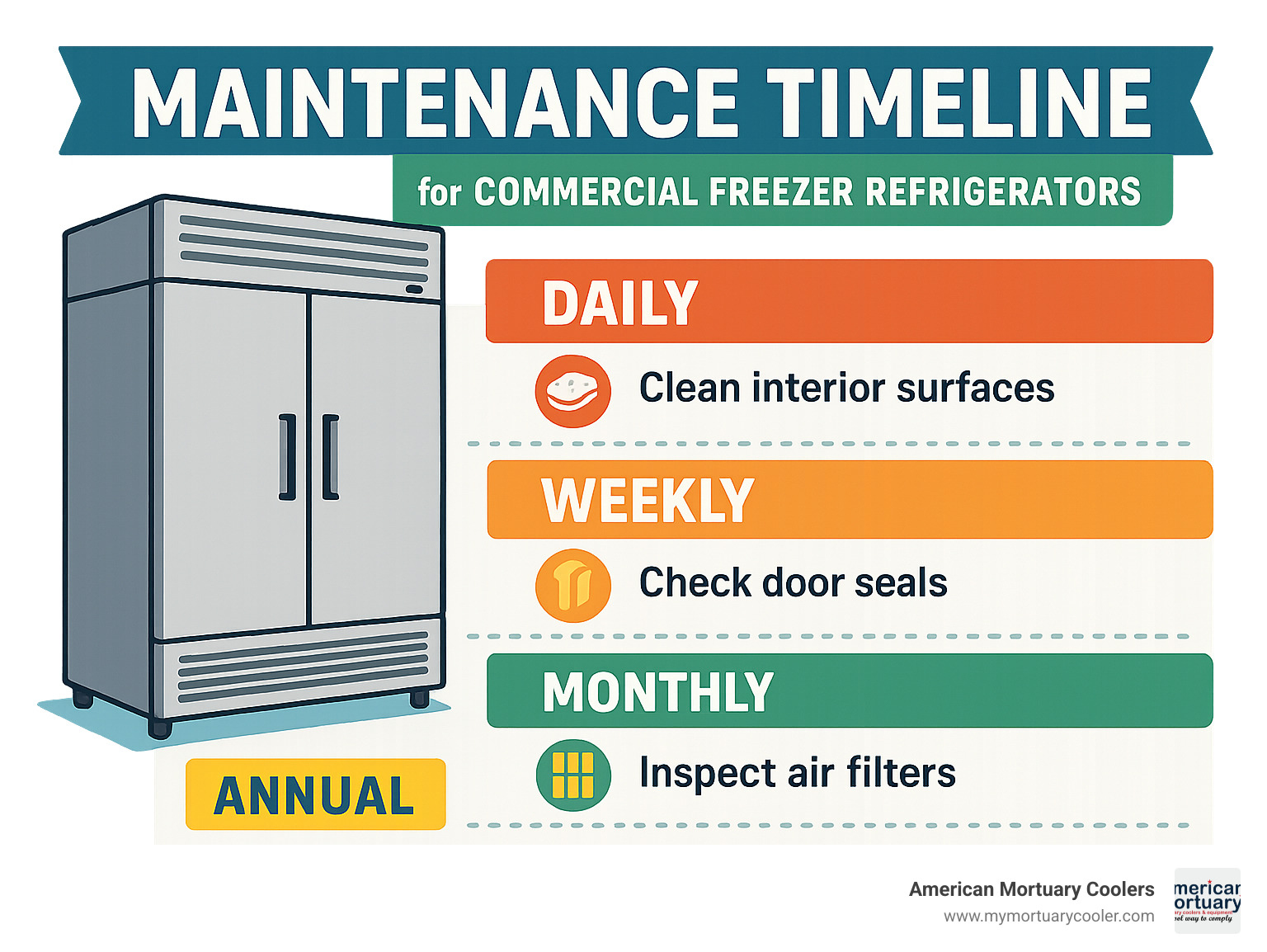 Maintenance timeline infographic showing daily, weekly, monthly and annual tasks for commercial freezer refrigerators - commercial freezer refrigerator infographic 
