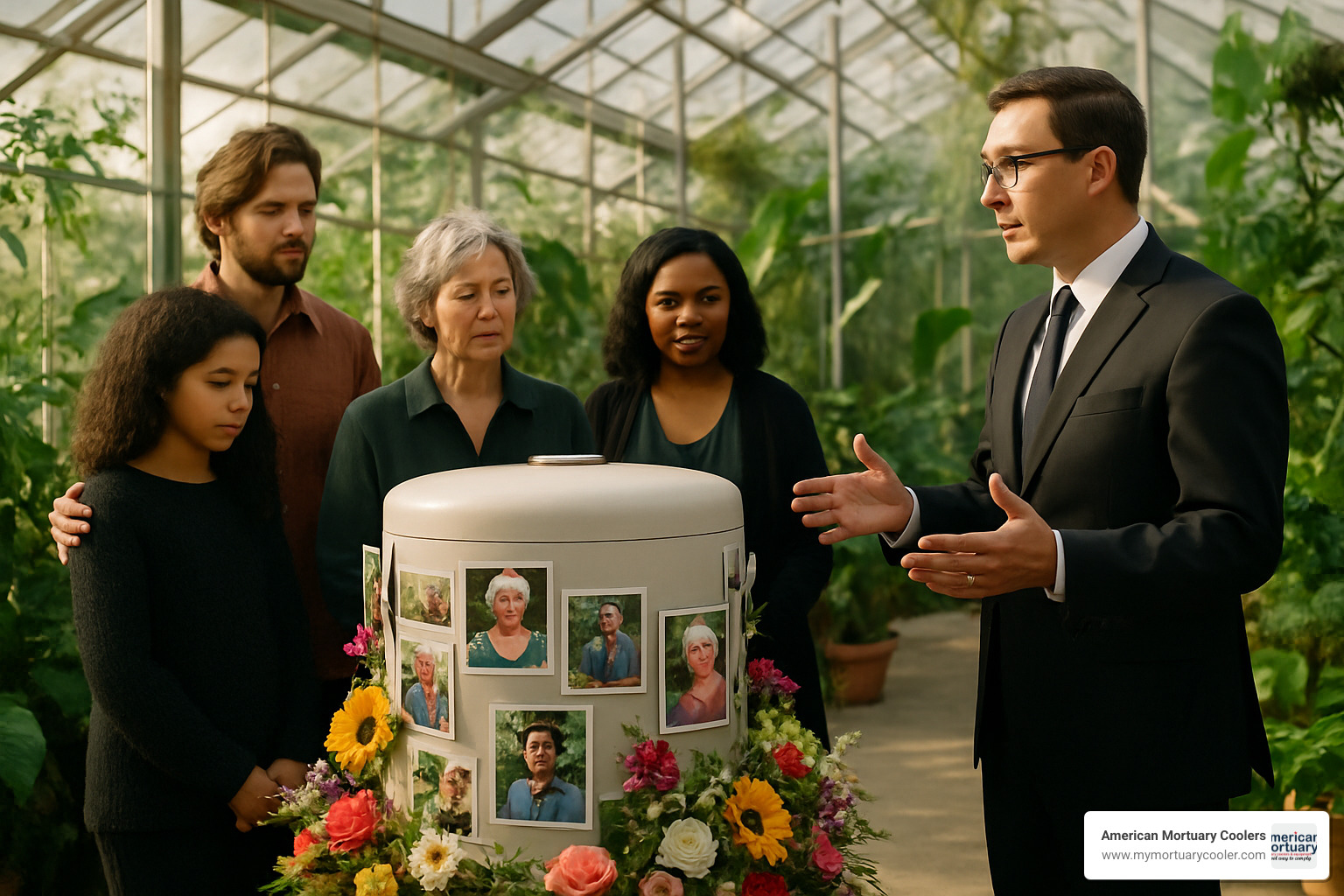 Family gathered around composting vessel decorated with photos and flowers, funeral director explaining the process, peaceful greenhouse setting with natural lighting - human composting Los Angeles