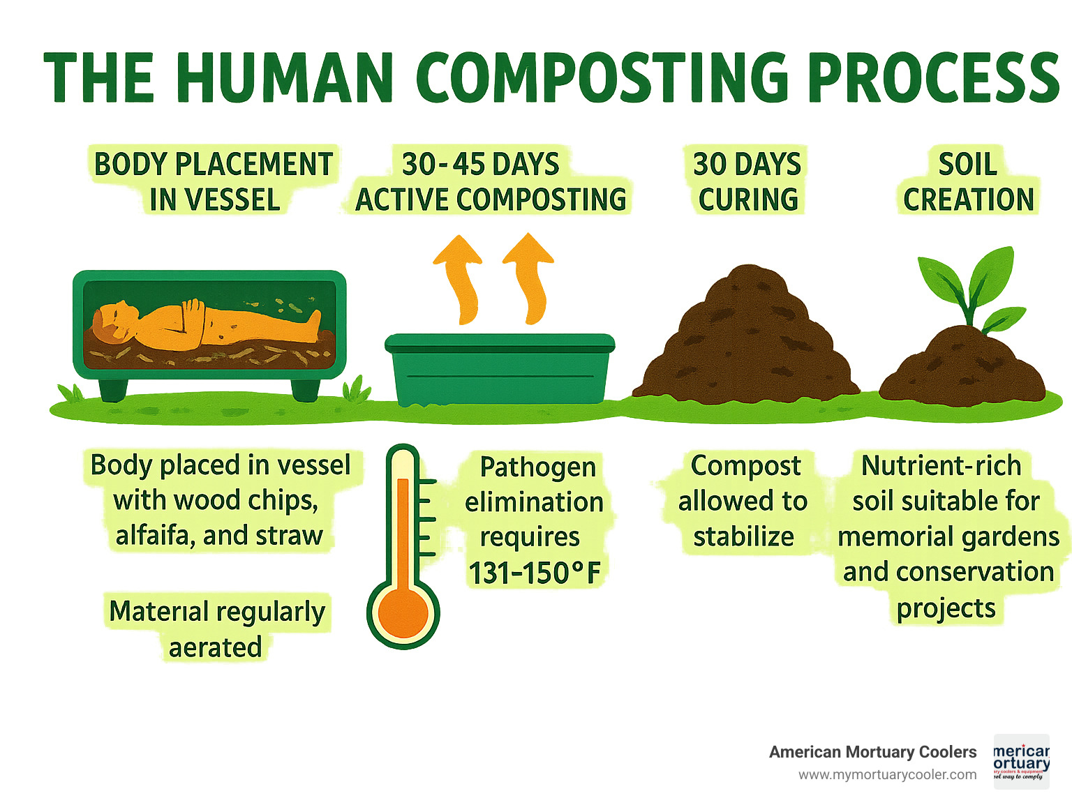 Detailed infographic showing the human composting process from body placement in vessel through soil creation, including timeline of 30-45 days active composting, 30 days curing, temperature requirements of 131-150°F for pathogen elimination, and final output of nutrient-rich soil suitable for memorial gardens and conservation projects - human composting Los Angeles infographic 