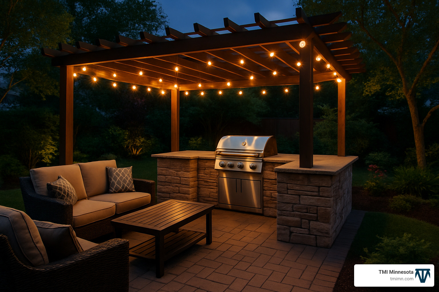 Pergola-covered outdoor kitchen at dusk with ambient lighting - Beautiful backyard makeovers