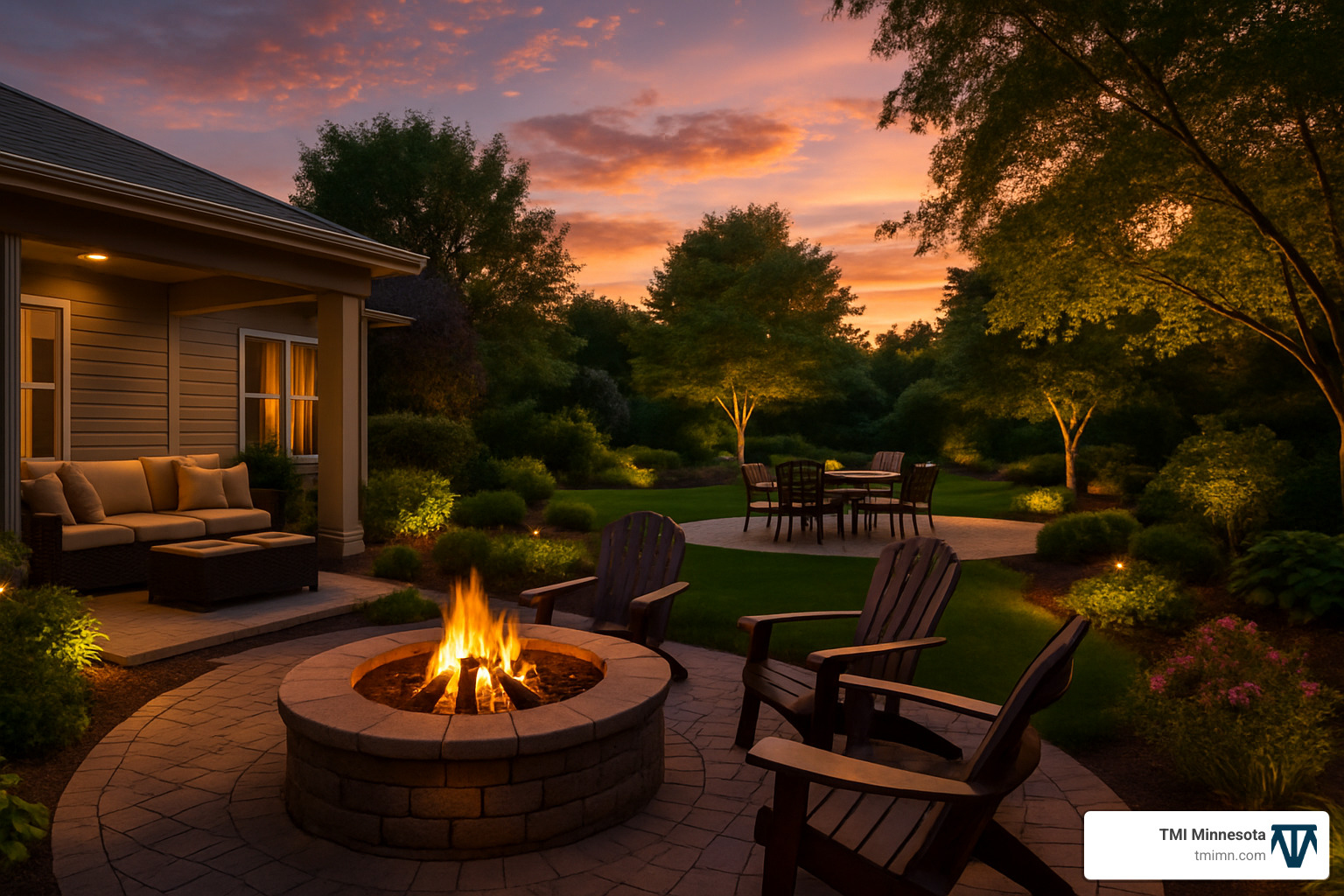 Finished backyard change at sunset showing multiple outdoor living zones - Beautiful backyard makeovers