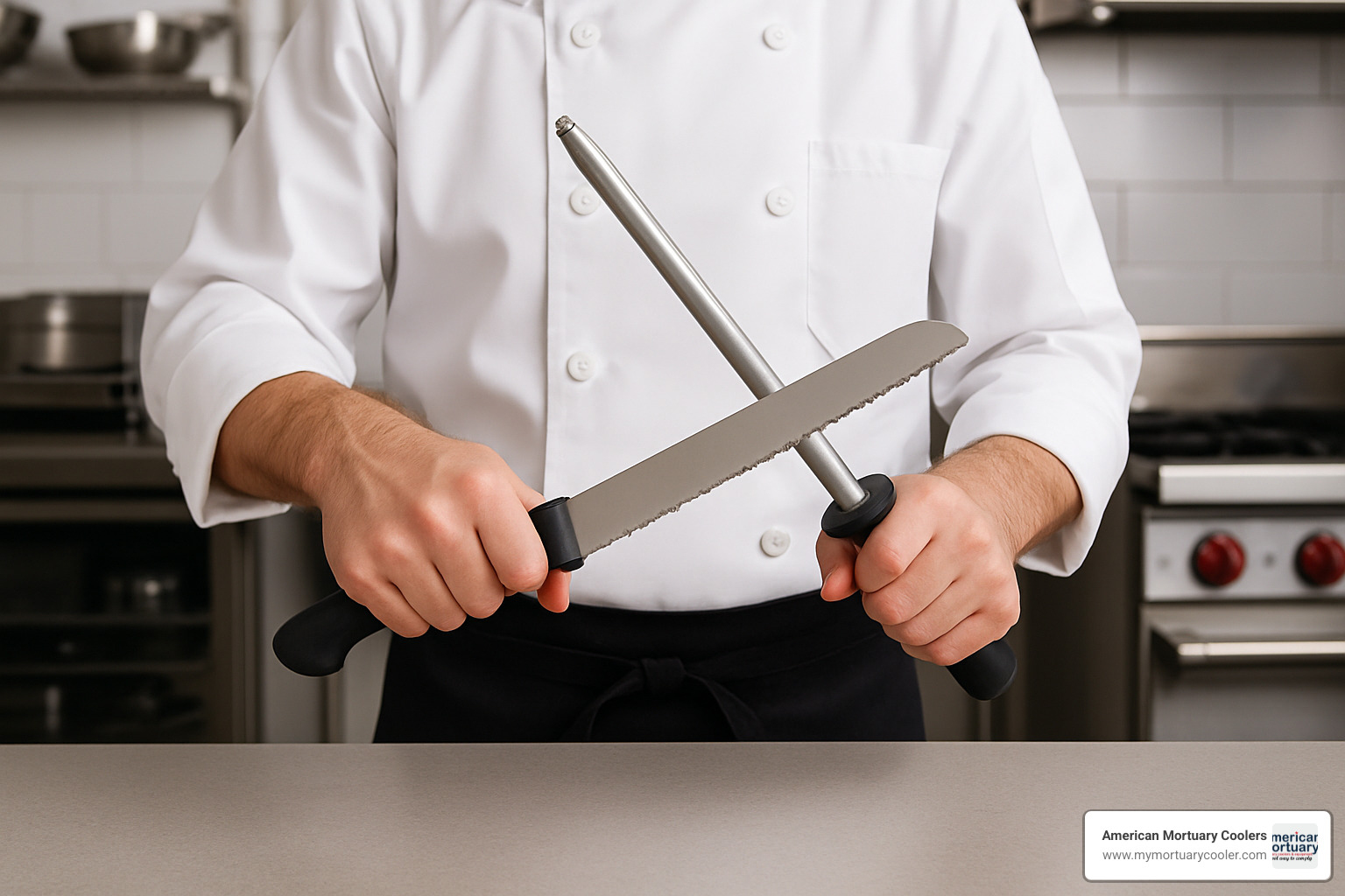 Professional knife maintenance setup showing proper honing technique for serrated edges - bread knives - 440a ss blades