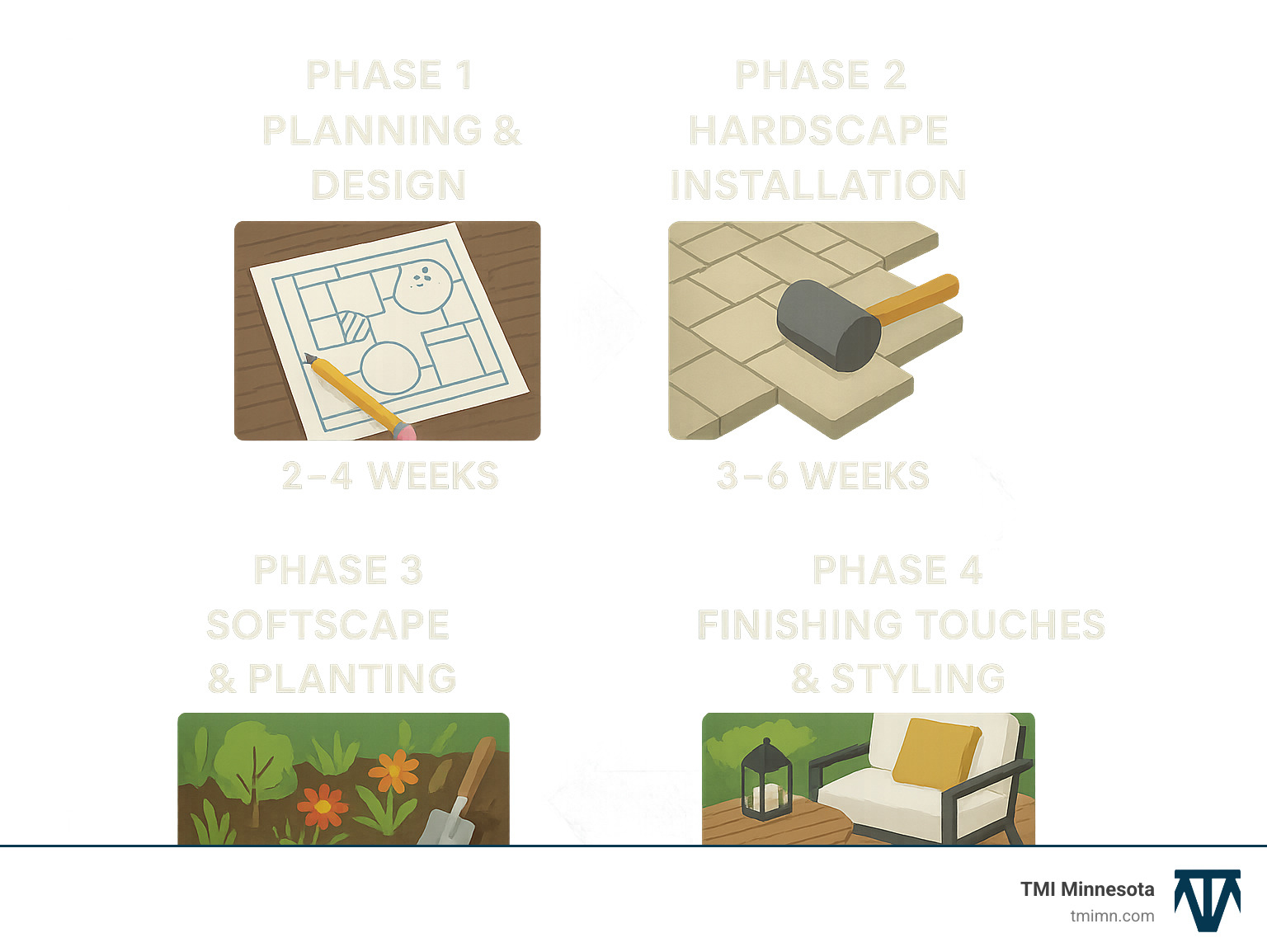 Infographic showing the 4-phase backyard makeover timeline: Phase 1 Planning & Design (2-4 weeks), Phase 2 Hardscape Installation (3-6 weeks), Phase 3 Softscape & Planting (2-3 weeks), Phase 4 Finishing Touches & Styling (1-2 weeks) - Beautiful backyard makeovers infographic 