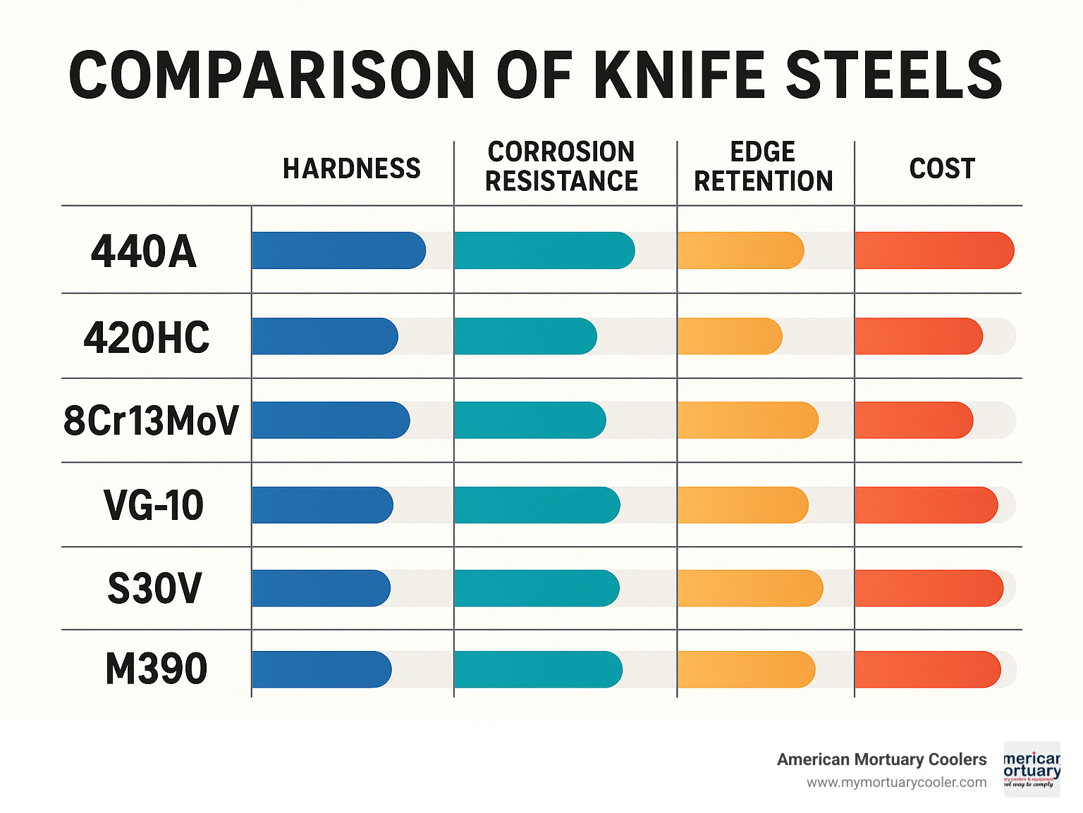 Comparison chart showing different knife steels rated on hardness, corrosion resistance, edge retention, and cost - bread knives - 440a ss blades infographic 