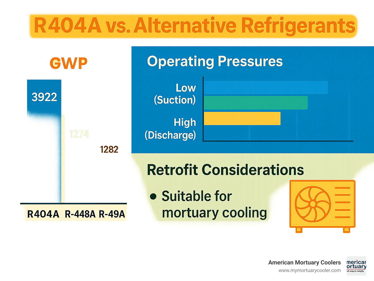 Statistical comparison infographic showing R404A vs alternative refrigerants including GWP values, operating pressures, and retrofit considerations for mortuary cooling applications - 404a pressure chart infographic 
