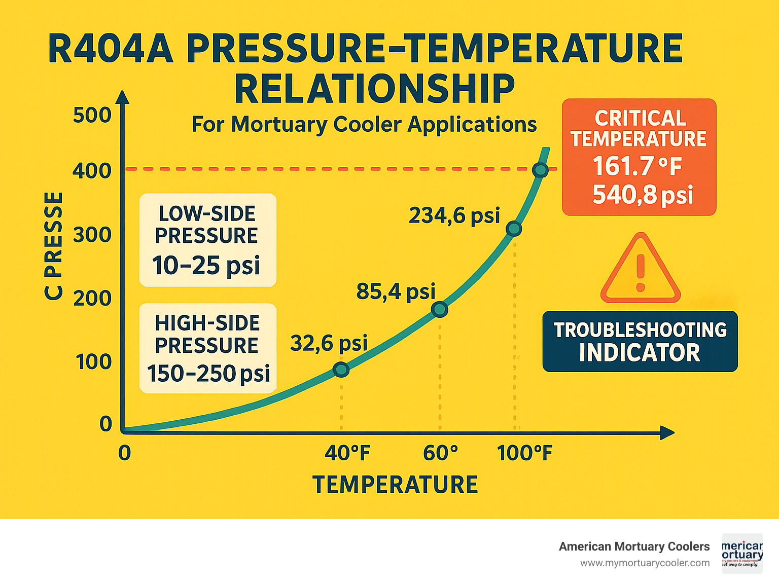 Detailed infographic showing R404A pressure-temperature relationship curve with key operating points marked for mortuary cooler applications, including low-side and high-side pressure ranges, critical temperature limits, and troubleshooting indicators - 404a pressure chart infographic 