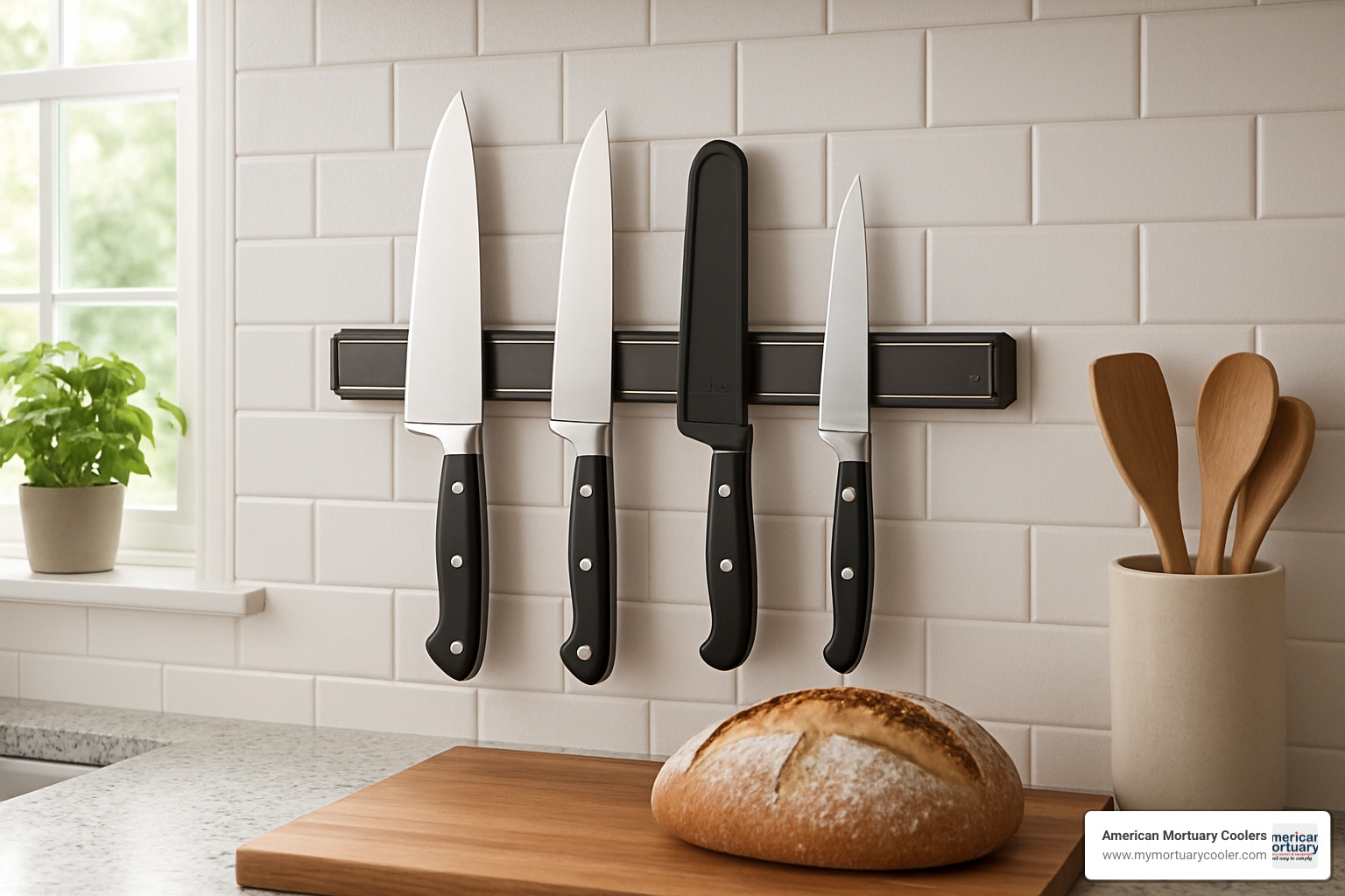 Proper bread knife storage showing magnetic strip and blade guards - bread knives - 440a ss blades