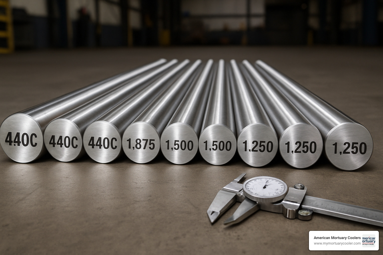 440C stainless steel round bar stock showing typical mill finish and dimensional tolerances - .440 stainless